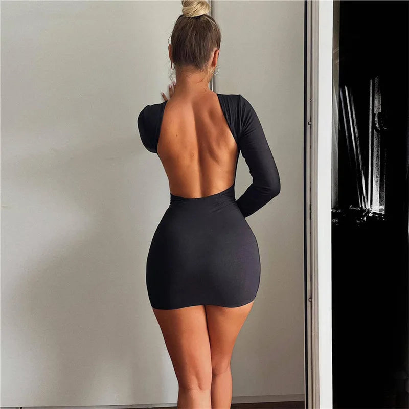 Chic Backless Fall Mini Dress Long Sleeve Square Neck Tight Bodycon Style for Women Elegant and Stylish Milanni Fashion