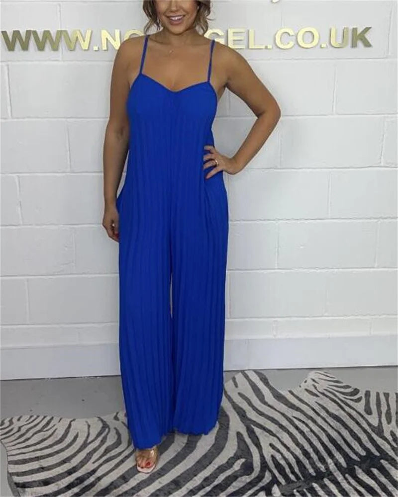 Plus Size Jumpsuit Full Body Pleated Solid Color Sleeveless Suspender Style Fashionable Women’s Outfit Milanni Fashion Blue 3XL