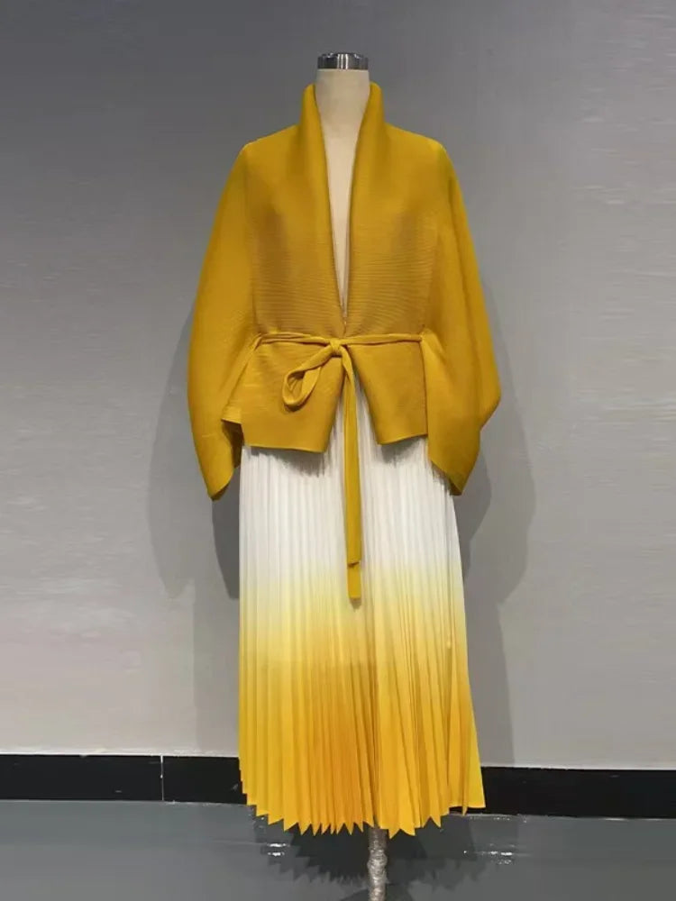 Gradient Pleated Fashion Two Piece Set Women Belt Batwing Sleeves Top & A-line Long Skirt Dress Milanni Fashion Yellow One Size