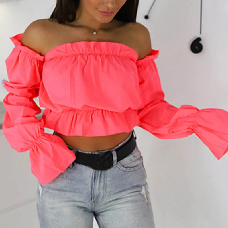 Off Shoulder Crop Top Sexy Slash Neck Beach Blouse for Women Trendy Fashion Casual Top Milanni Fashion