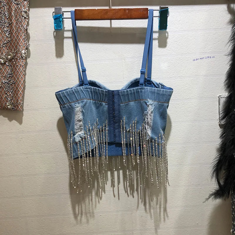 Fashion Diamond Tassel Strapless Bra Denim Vest Shirt Sexy Nightclub Cropped Top  Milanni Fashion   