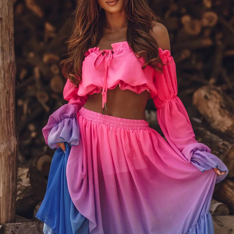 Autumn Chic Sexy Off-Shoulder Ruffle Blouse & Slit Long Skirt Two-Piece Set Vintage Colorful Print  Milanni Fashion   