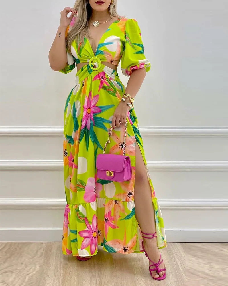 Women Long Sleeved Cutout V-Neck Twist Summer Elegant Tie Dyed Floral Printed Lantern Sleeve Split Thigh Maxi Dress Maxi Dress Milanni Fashion Light Green S 