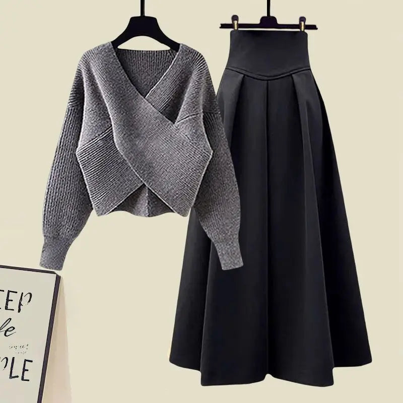 Cover Slim Sweater and Long Skirt Two-piece Set - Women's Spring Suit  Milanni Fashion Gray and black XL  60-70KG CHINA