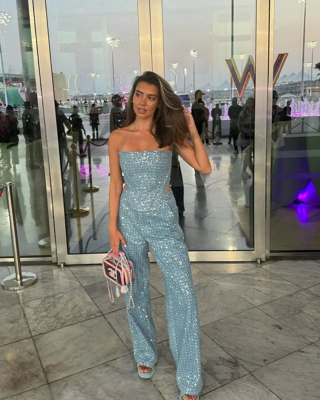 Fashion Sequin Denim Set Women Strapless Tunic Waist Crop Top and Wide Leg Pant Suit  Milanni Fashion Blue M 