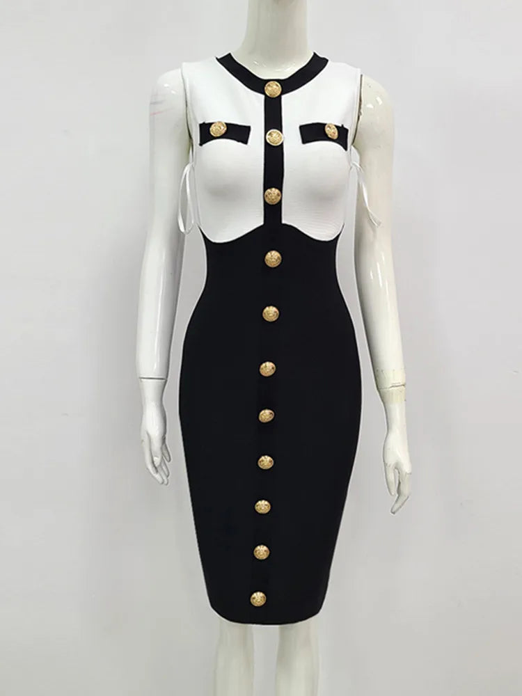 Women Sexy Sleeveless Tank Button Black White Bodycon Bandage Dress  Milanni Fashion Dress M 