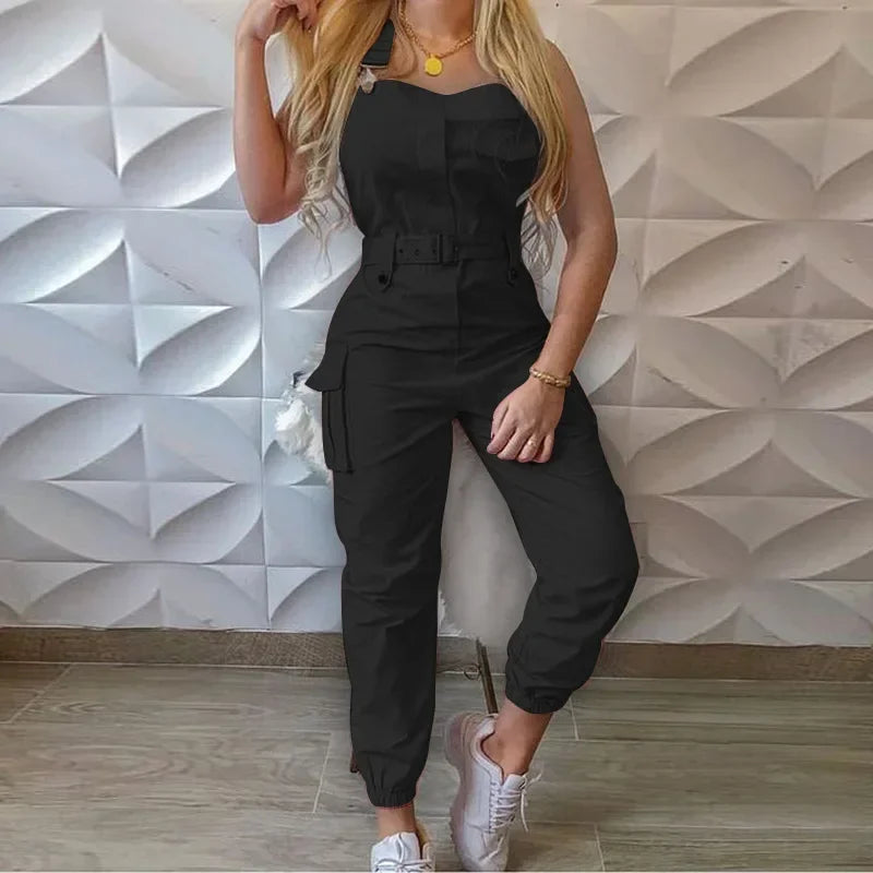 Fashion Simplicity Solid Jumpsuit Elegant Workwear Sleeveless Straps Pants Casual Skinny High Waist Jumpsuit  Milanni Fashion black XXL 