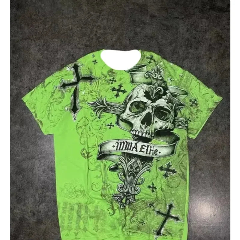 3D Printed American Retro Goth Y2K Affliction Style Tee Gothic Skull Cross Print Graphic T-Shirt for Women Milanni Fashion