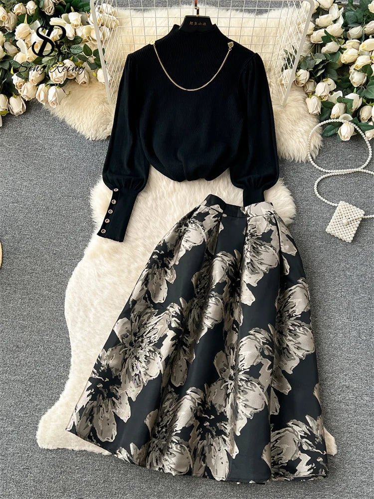 Fashion Lantern Sleeve Loose Pullovers+ A Line Long Skirts Print Knitted Two Piece Set  Milanni Fashion black XL 