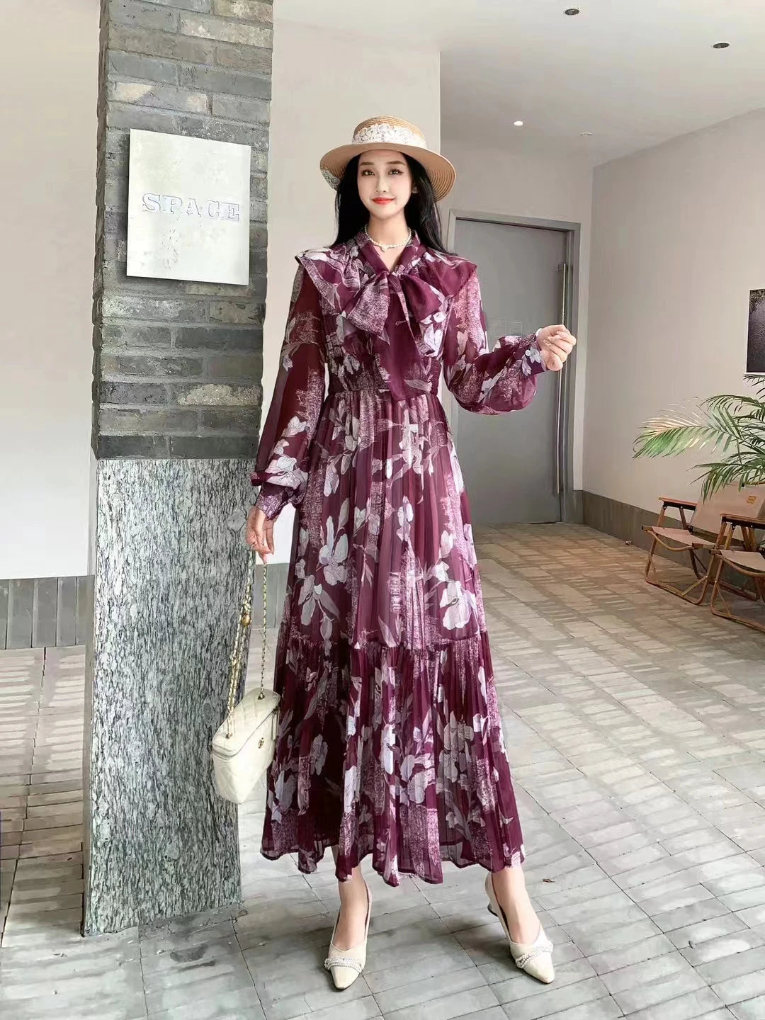 Fall 2024 Bohemian Beach Dress Chiffon Tie Bow Patch Ruffles Lace Pressed Pleated Print Large Swing Maxi Dress  Milanni Fashion Picture color 3 L CHINA