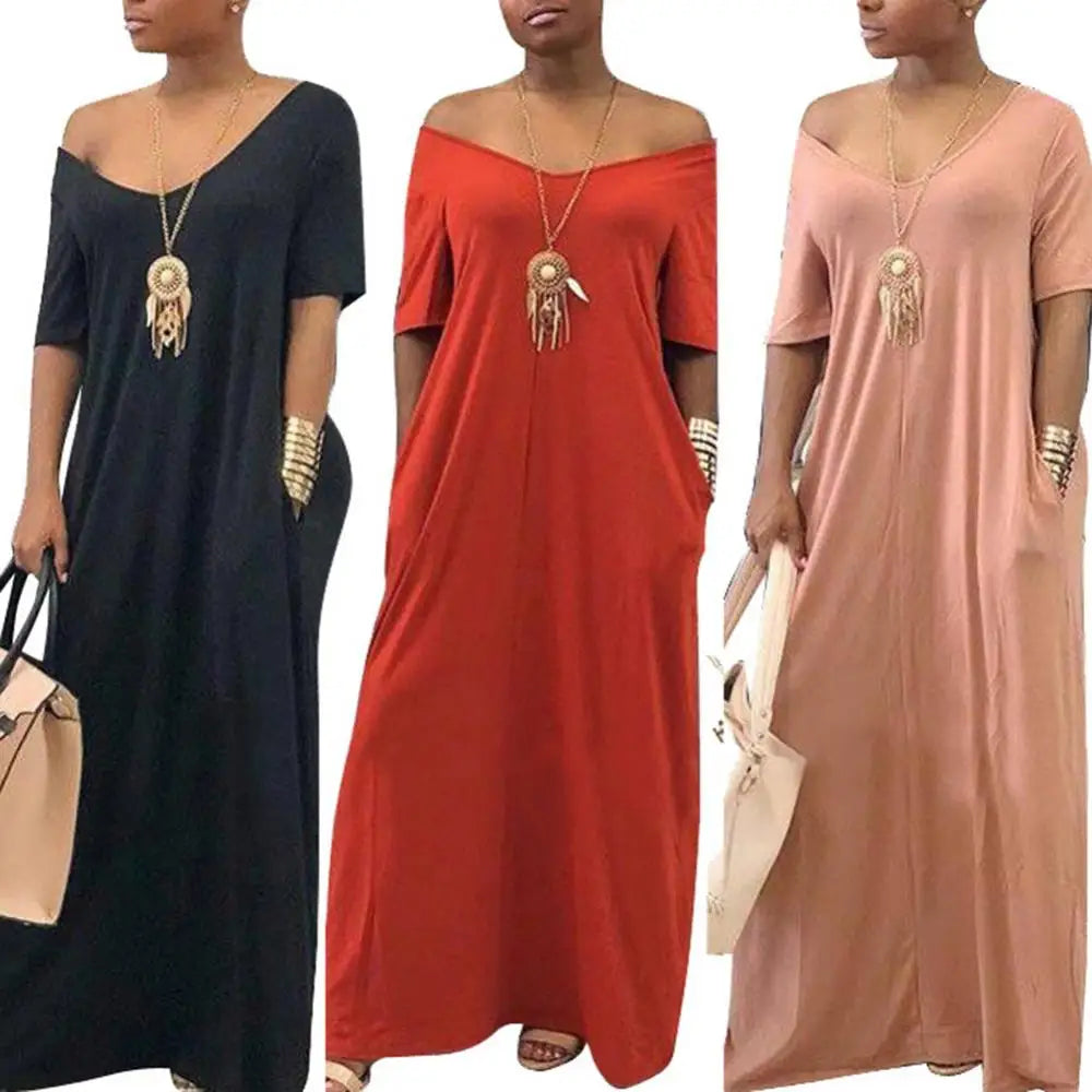 Ladies Fashion Loose Sexy V-Neck Fall Clothes Casual Maxi Solid Color Plus Size Long Dress Maxi Dress Milanni Fashion   