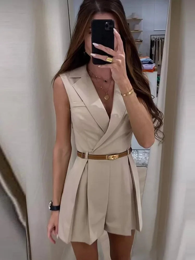 Fashionable Sleeveless Jumpsuit with Belt Turndown Collar Slim Fit Short Romper for Women Stylish Casual Summer Wear Milanni Fashion