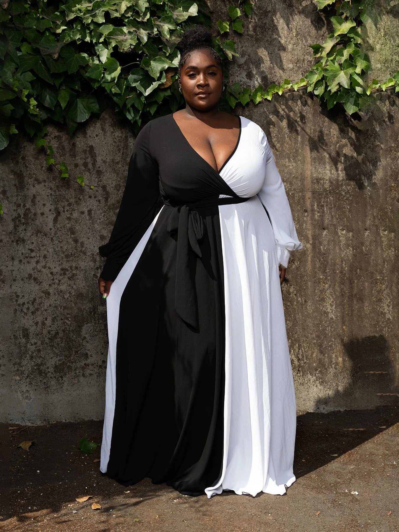 Elegant Plus Size Women Curve Black White Color Blocked Long Sleeve Wraped Sashes High Waist V-neck Slim Maxi Long Dress Maxi Dress Milanni Fashion black white XL 