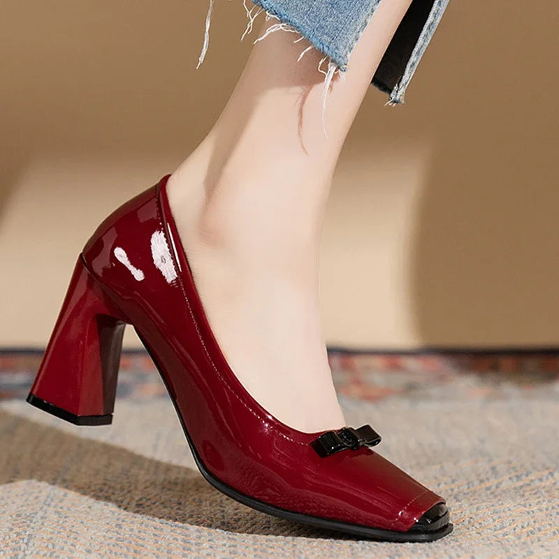 Square Toe High Heels Bow Leather Chunky Loafers Luxury Pumps Stylish Elegant Shoes for Women Milanni Fashion