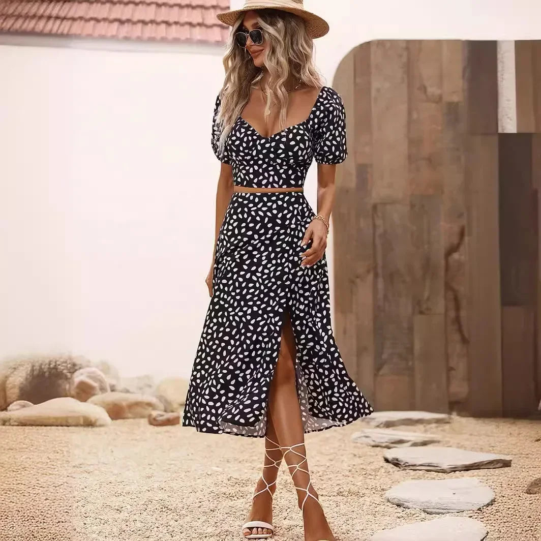 Printed Two-Piece Set for Women V-Neck Short Sleeve Top and Long Slit Skirt Fashion Party Outfit Milanni Fashion