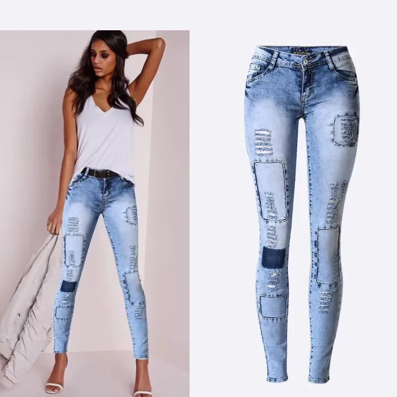 Trendy Style Low Waist Sky Blue Patchwork Skinny Tights Women Pencil Jeans  Milanni Fashion   