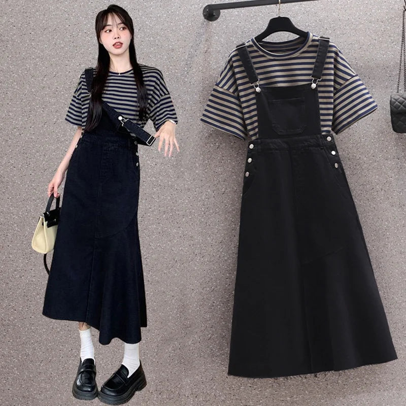 Denim Suit Horizontal Striped T-shirt and Raw Edge Strap Dress New Plus Size Women's Casual Outfit Milanni Fashion