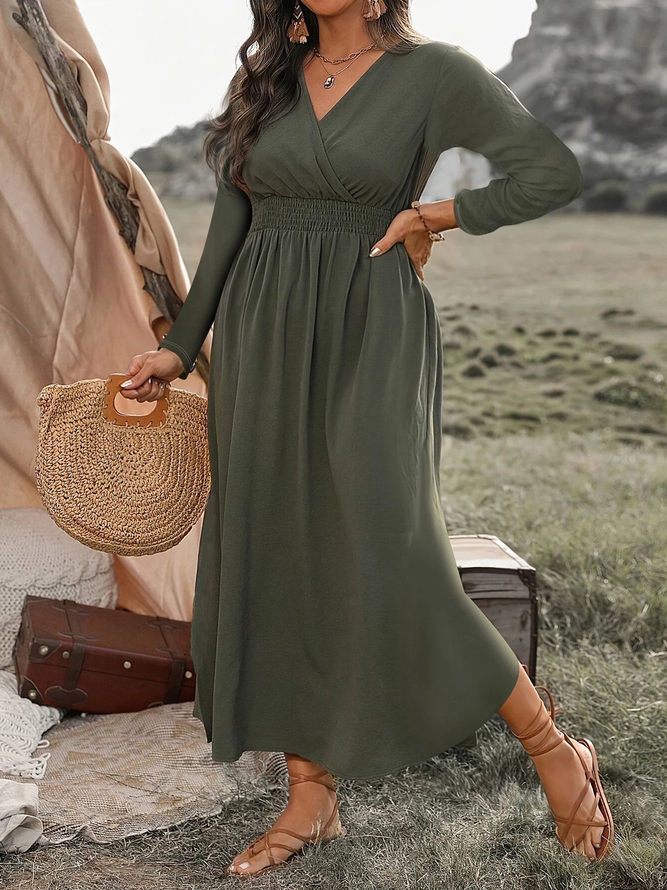 Cross-border Plus Size Autumn New Fashion V-neck Tunic Long Sleeve Dress Midi Dress Milanni Fashion army green 1XL 