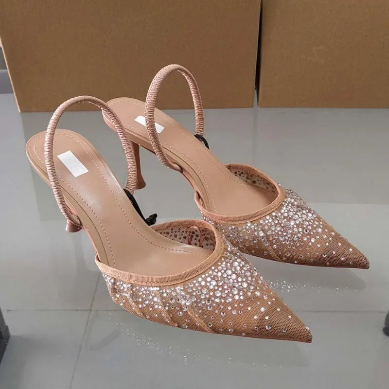 Luxury Broken Drill Diamond Mesh Fabric Sandals Elegant Pointed Toe High Heels Shoes Stylish and Chic Milanni Fashion Beige 38