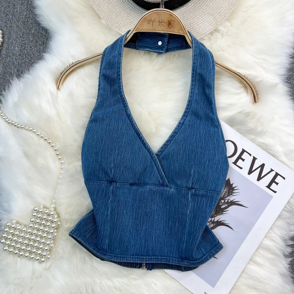 Tank Top Women Denim Halter Off-shoulder Backless Jeans Crop Top  Milanni Fashion   