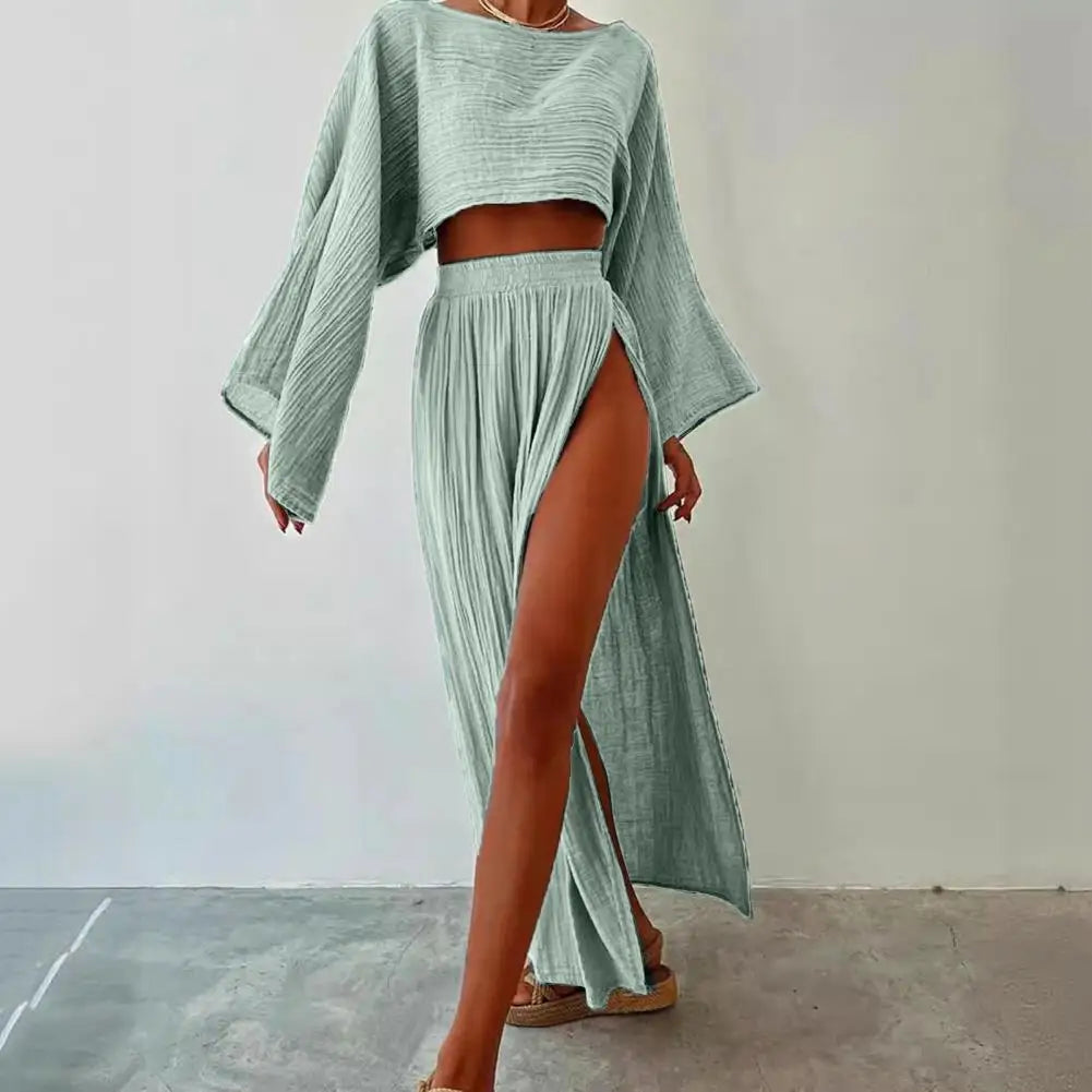 Long Sleeve Crop Top & High-Waist Split Skirt Vacation Beach Outfit Women's Club Dress Set Milanni Fashion