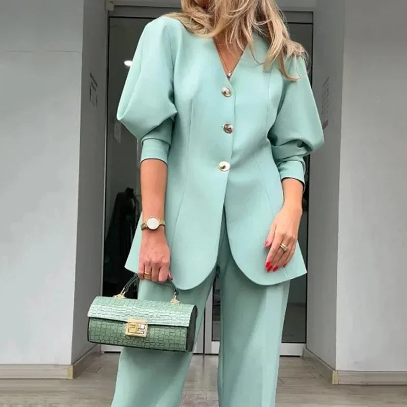 Lantern Sleeve Blazer and Pants Set Spring Fashion Commuter Suit Trendy Women Workwear Set Milanni Fashion