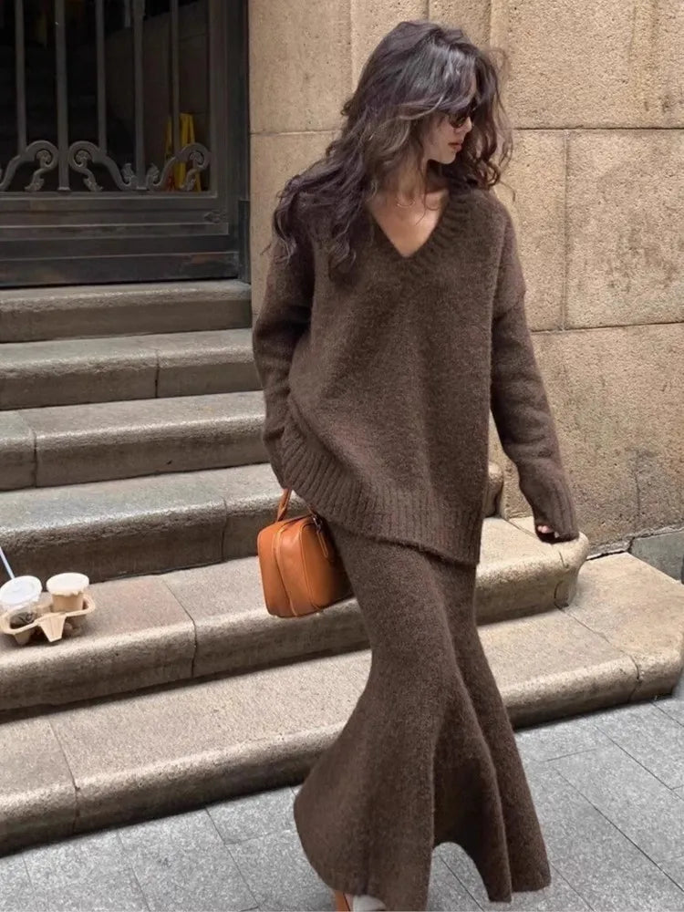 French Style Sweater Skirt Set for Women Autumn and Winter V-neck Pullover Knitted Top Half Skirt Casual Suit  Milanni Fashion Brown Set One Size 