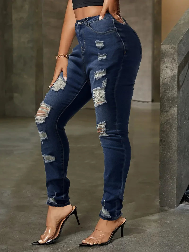 Dark Blue Casual Ripped Skinny Jeans Slim Fit with Pockets Women's Fashionable Denim Pants Milanni Fashion