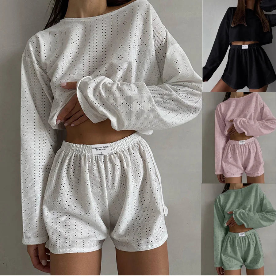 Cozy Long Sleeve Top and Shorts Two-Piece Set Relaxed Round Neck Sleepwear Comfortable Home Wear Milanni Fashion