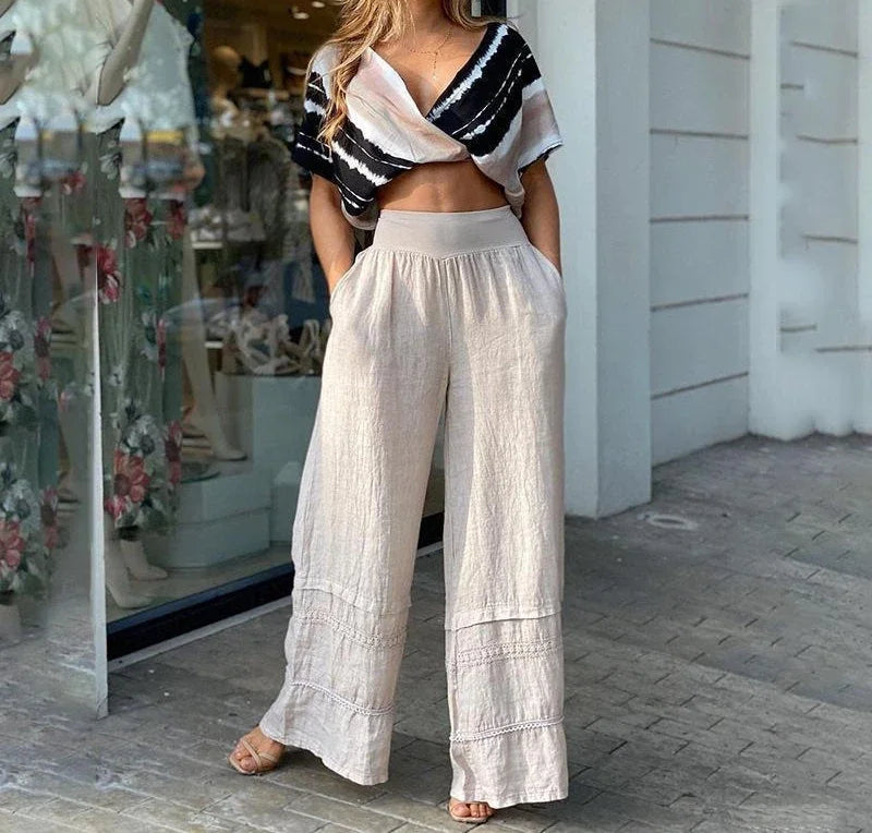 High Waist 2-Piece Set V-Neck Bat Sleeve Crop Top & Flared Pants Women's Elegant Streetwear Milanni Fashion White & Black XXL