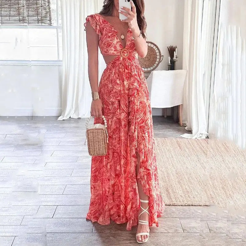 Printed Hot Girl Style Deep V Sexy Waist-exposed Long Pleated Casual Dress Maxi Dress Milanni Fashion red XXXL 