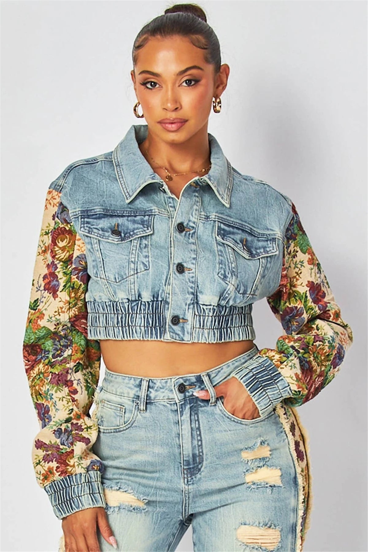 Printed Splicing Denim Long Sleeve Jacket and Piercing Jeans Long Pants Color Contrasting Two Piece Set  Milanni Fashion   