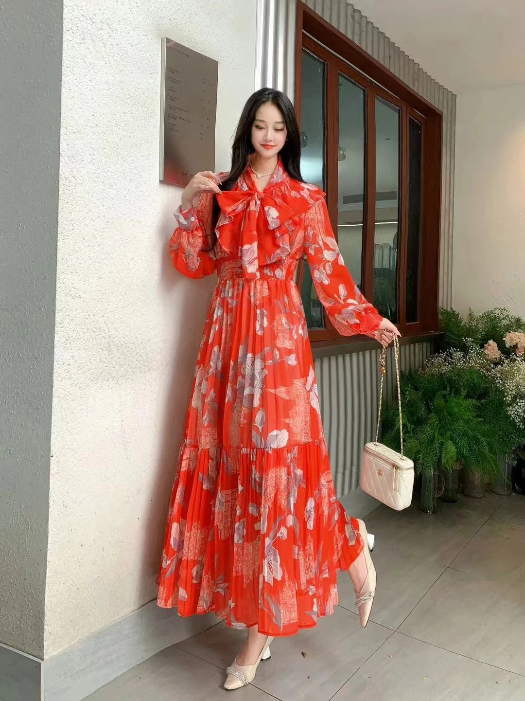 Fall 2024 Bohemian Beach Dress Chiffon Tie Bow Patch Ruffles Lace Pressed Pleated Print Large Swing Maxi Dress  Milanni Fashion Picture color 2 S CHINA