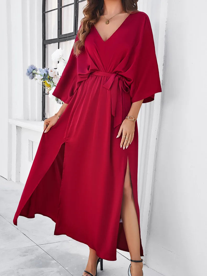 Elegant V-neck Loose Dress for Women Long Solid Lady Outfit Spring Summer Casual Streetwear Dress Maxi Dress Milanni Fashion