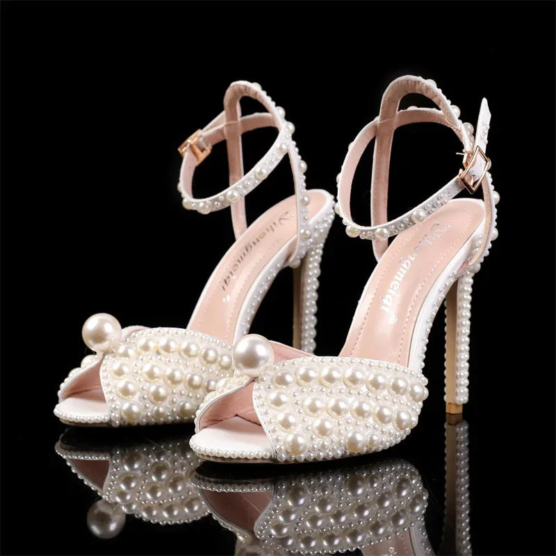 Fashion Pearl Studded Luxury Peep Toe High Heels Buckle Women Sandals Elegant Stylish Footwear Milanni Fashion