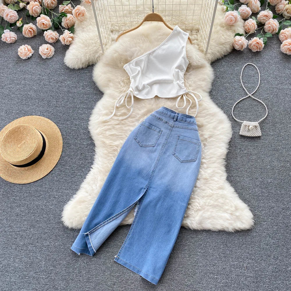 Summer Denim 2-Piece Set for Women One-Shoulder Drawstring Top & Slit Irregular Skirt Milanni Fashion