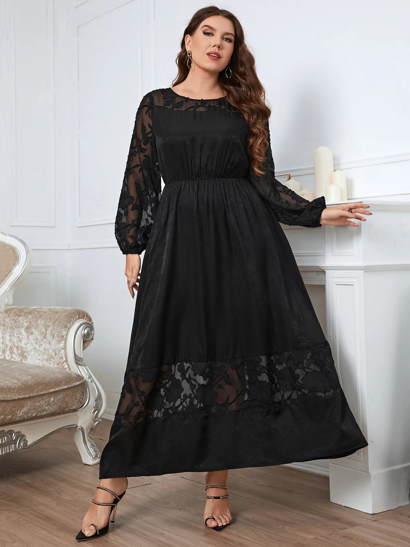 Plus Size Lace Dress For Women Sexy Long Sleeves Robe Maxi Solid Color Dress Autumn Gown Maxi Dress Milanni Fashion   