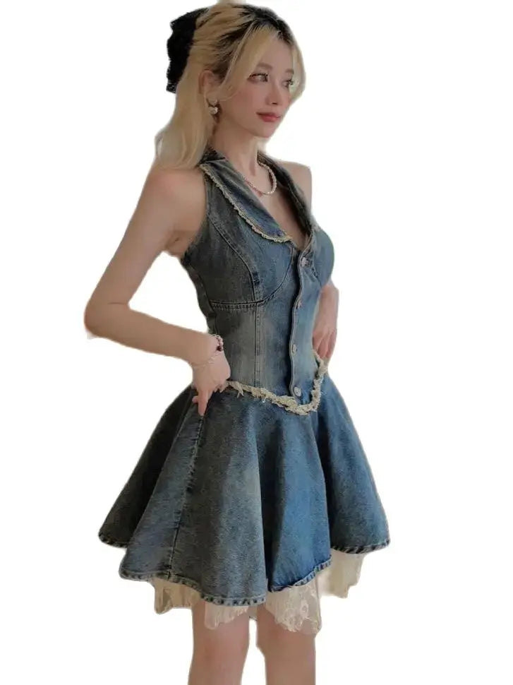 Denim Retro Hanging Neck Dress for Women Slim Short Dress Fashionable and Trendy Casual Wear Milanni Fashion