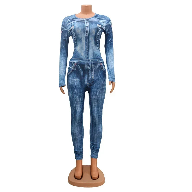 Street Fake Jean 3D Printed Long Sleeve T-shirt and Legging Pants Two Piece Set Stylish Casual Outfit Milanni Fashion