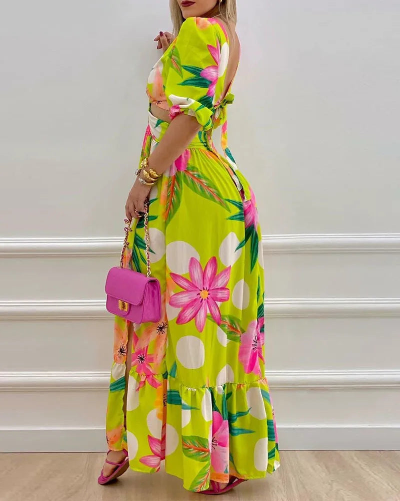 Women Long Sleeved Cutout V-Neck Twist Summer Elegant Tie Dyed Floral Printed Lantern Sleeve Split Thigh Maxi Dress Maxi Dress Milanni Fashion   