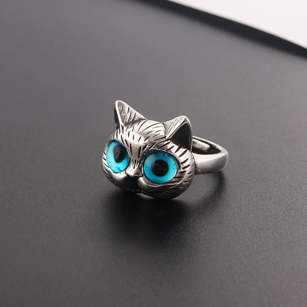 Cute Silver Alloy Cat Ring with Cat Eye Adjustable Opening for Women Trendy Jewelry Gift Milanni Fashion