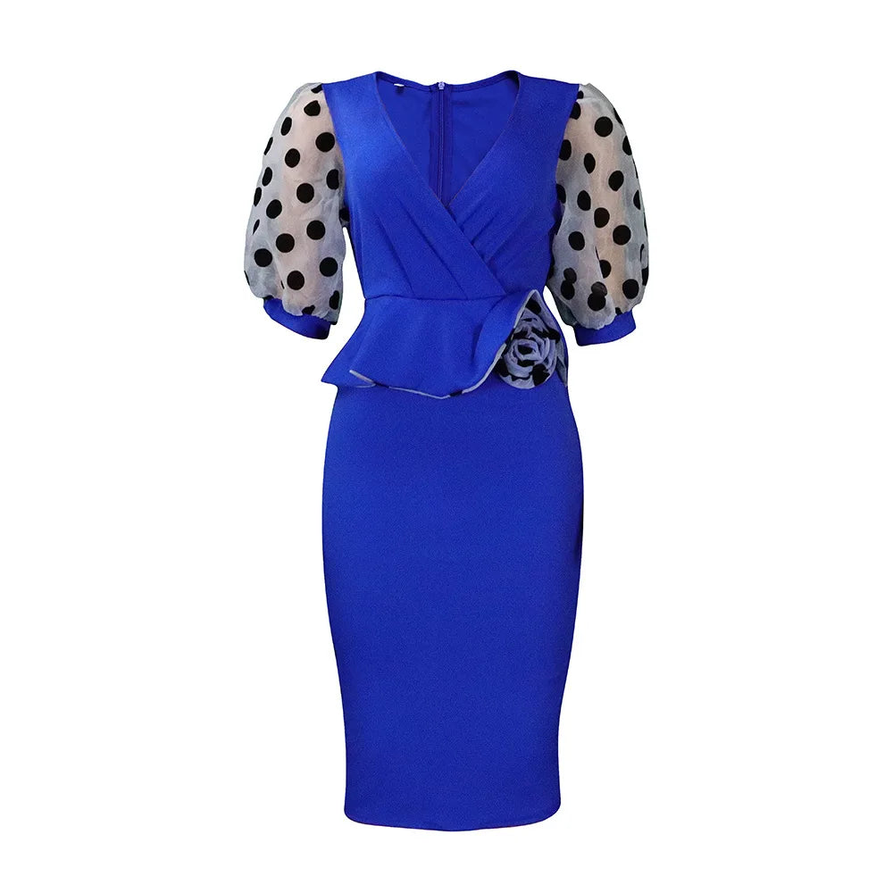 V Neck Puff Sleeve Polka Dot Printed Pencil Dress Elegant Ruffle Bodycon Midi Dress  Milanni Fashion Blue XXXL 