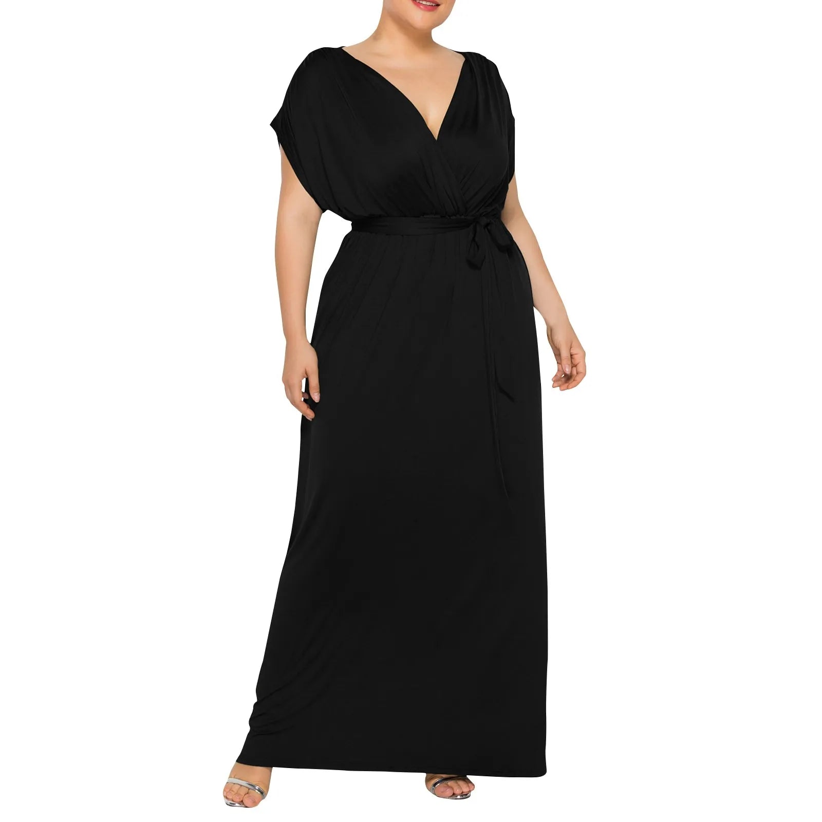 Plus Size Dress For Women Short Sleeve V Neck Sexy Dress Maxi Dress Milanni Fashion Black XXXL United States