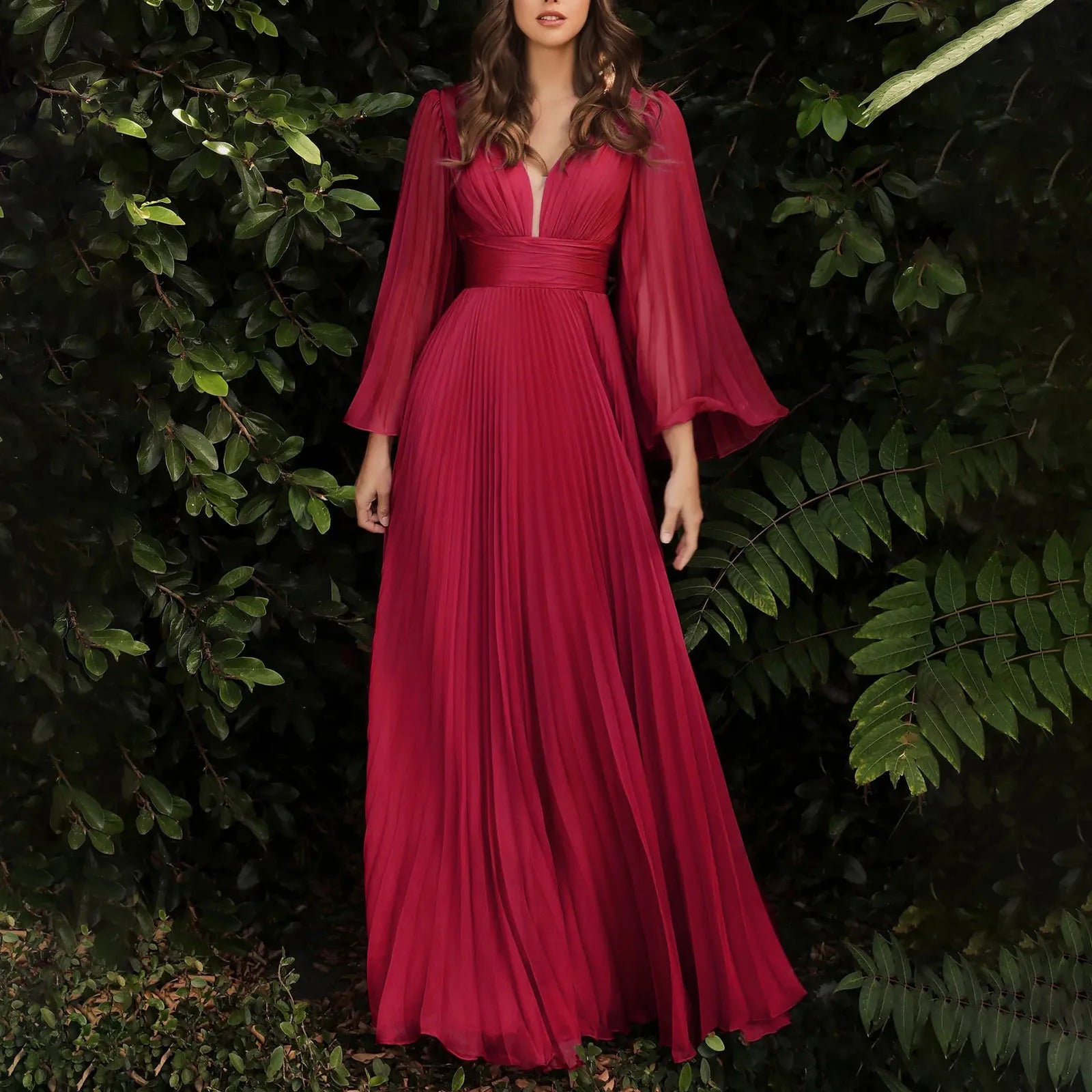 Women Elegant Solid Color Deep V Flare Long Sleeve Maxi Dress Maxi Dress Milanni Fashion   