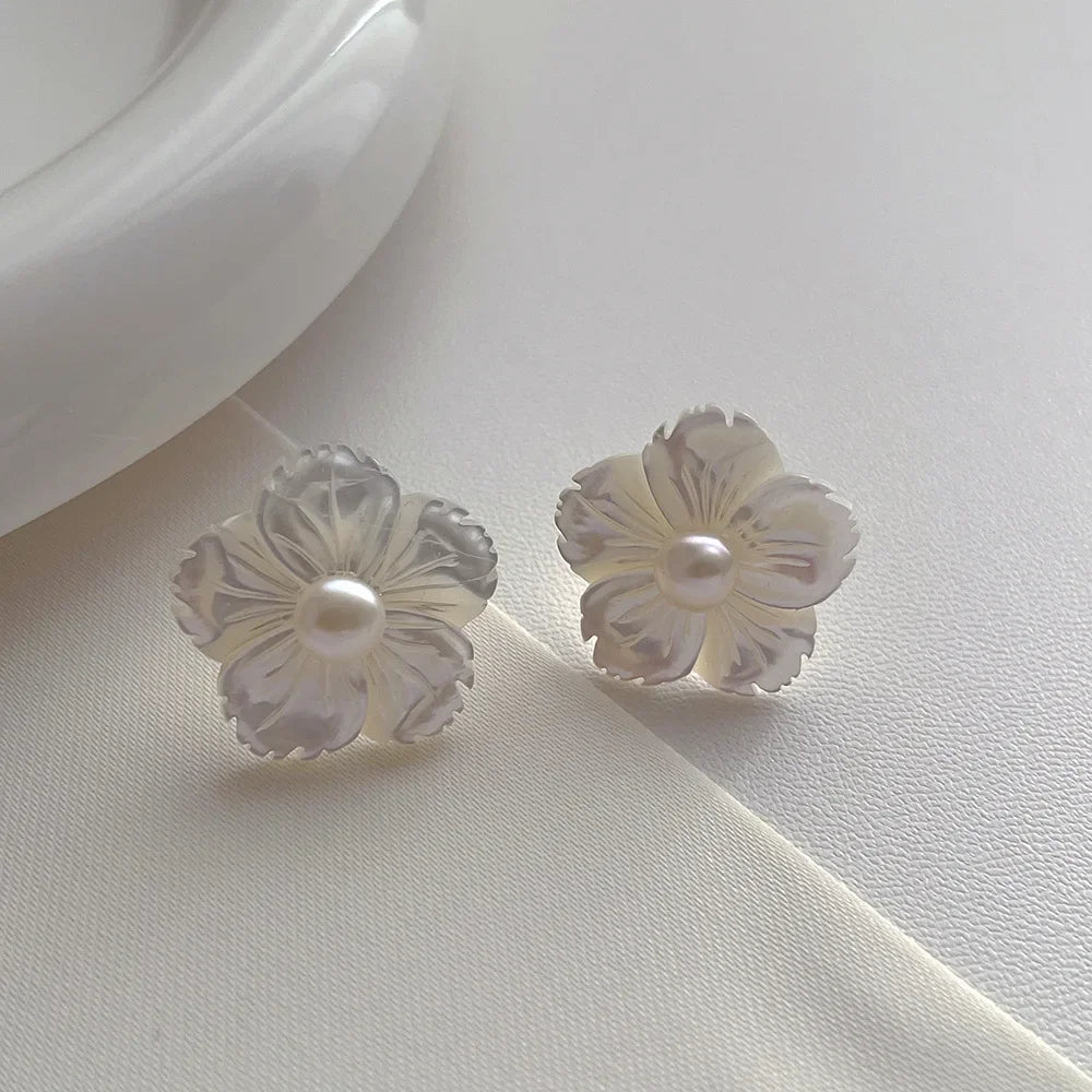 White Natural Shell Flower Stud Earrings for Women 14K Gold Plated Brass with Freshwater Pearl Design Milanni Fashion