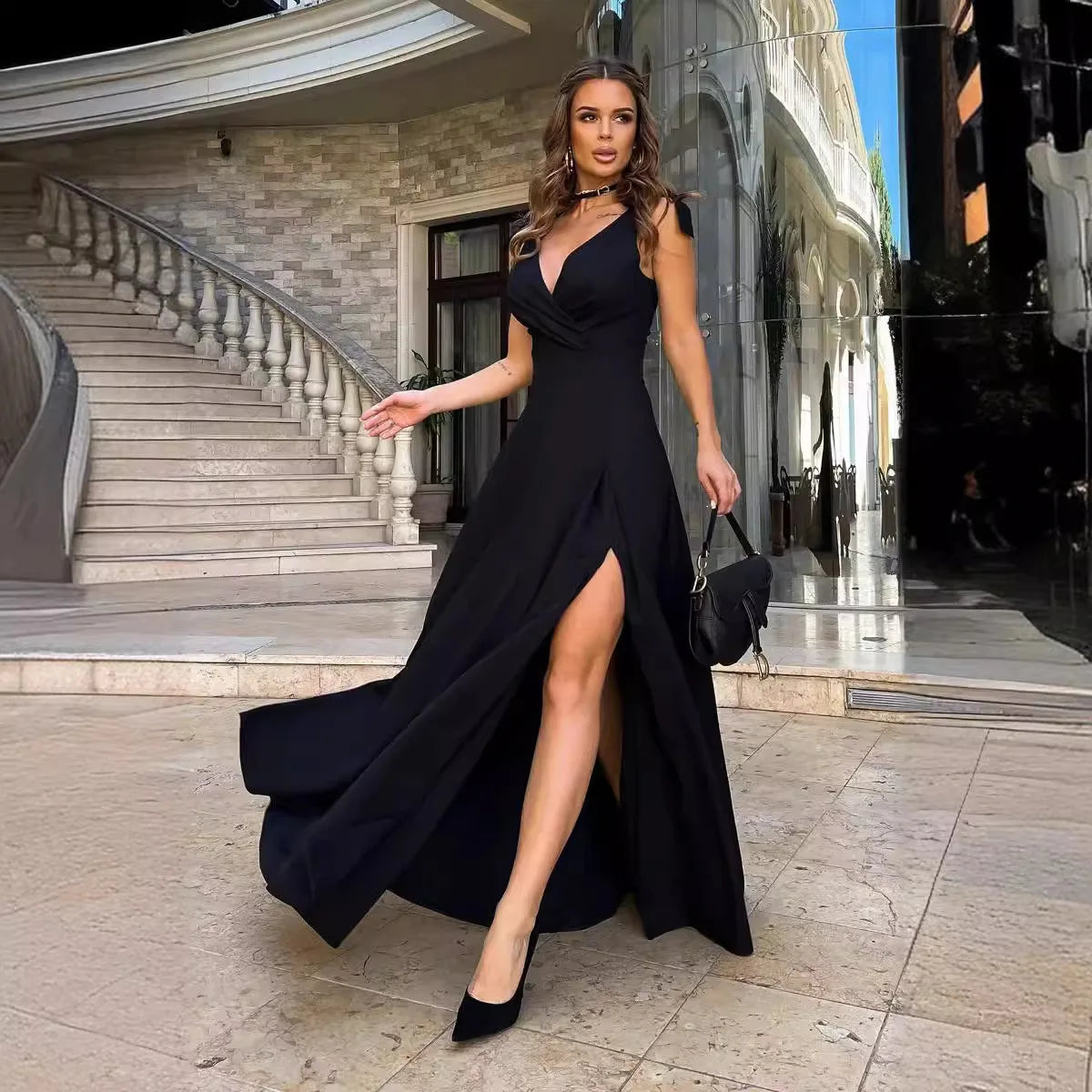 Women Party Maxi Dress Cross V-neck Bowknot Strap X-long Club Female Side Split Elegant Lady Long Dress Maxi Dress Milanni Fashion black M 158