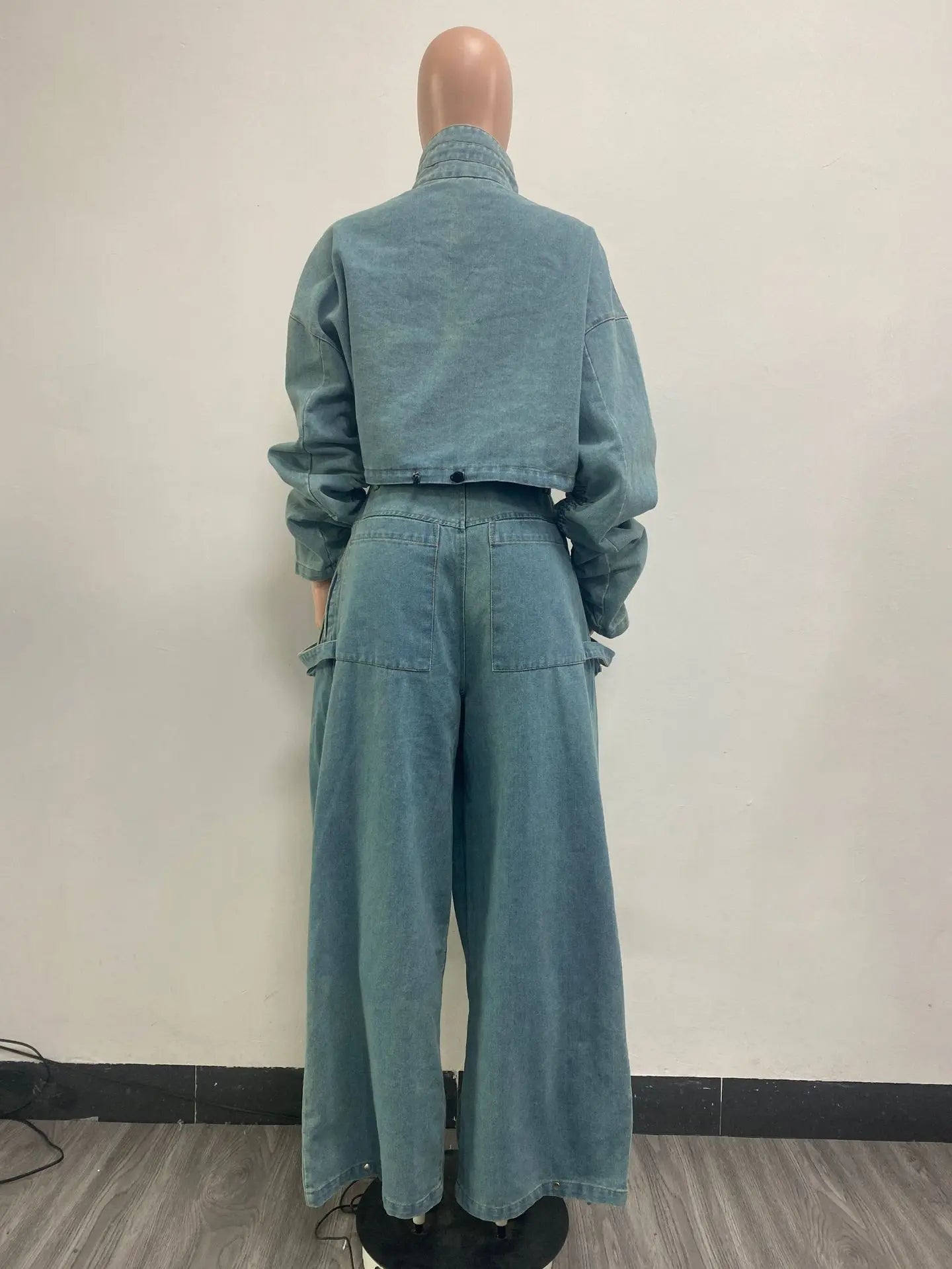 Trendy Denim Pantsuit Multiple Pockets Jacket Coat and Loose Jeans Pant Two Piece Set for Women Milanni Fashion