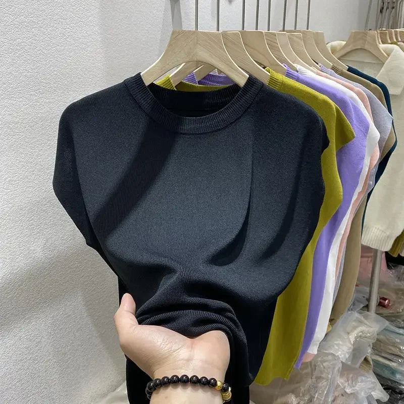 O-Neck Ice Silk Knitted T-Shirt Summer Thin Klein Blue Batwing Sleeve Top Women Shirt Milanni Fashion