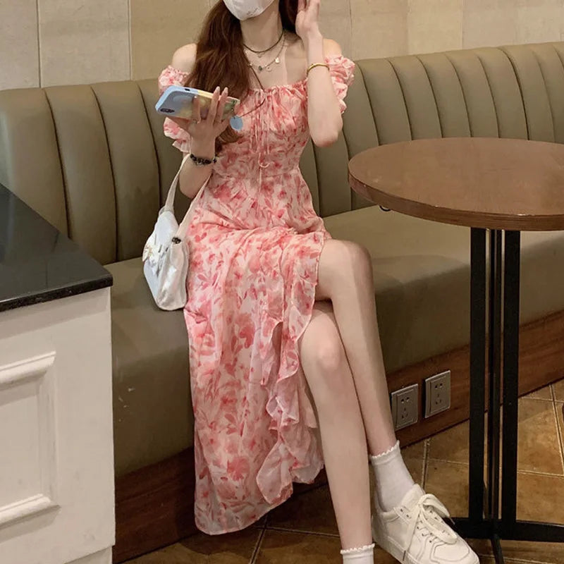 Floral Print Women's Dress Mini Puff Sleeve Square Collar Long Dress Maxi Dress Milanni Fashion   