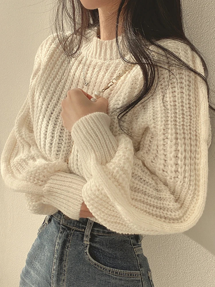 Autumn And Winter Pink Puff Sleeve Soft Waxy Season Fashion Loose Pullover Knitted Top  Milanni Fashion Beige One Size 